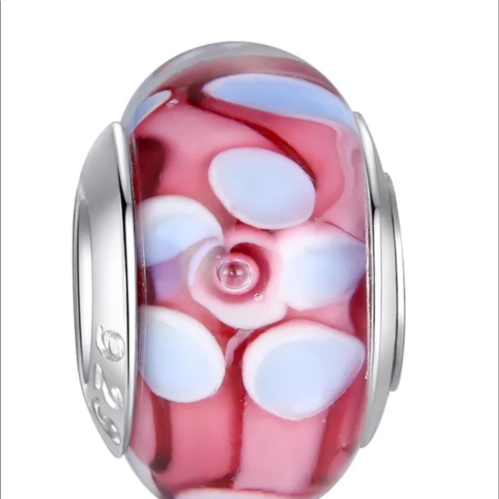 2pcs Silver European Murano Pink Glass Beads Charm